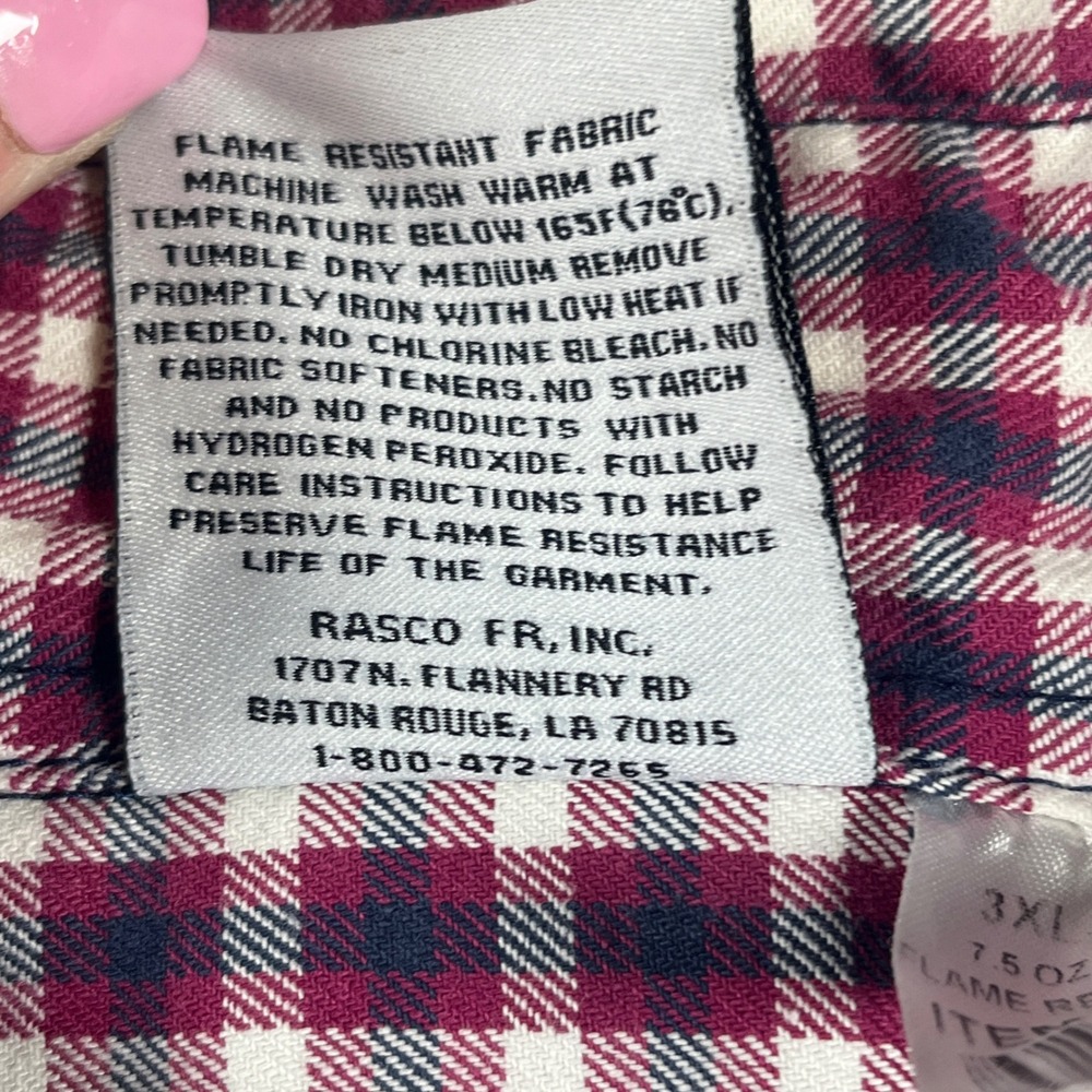 Rasco FR Men Plaid Flame Resistant Work Shirt 3XL Long Burgundy Navy CAT 2 NFPA - Picture 10 of 12